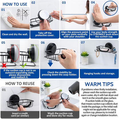 Soap Holder,Soap Dish,Suction Cup,with Hooks,Stainless Steel,Black