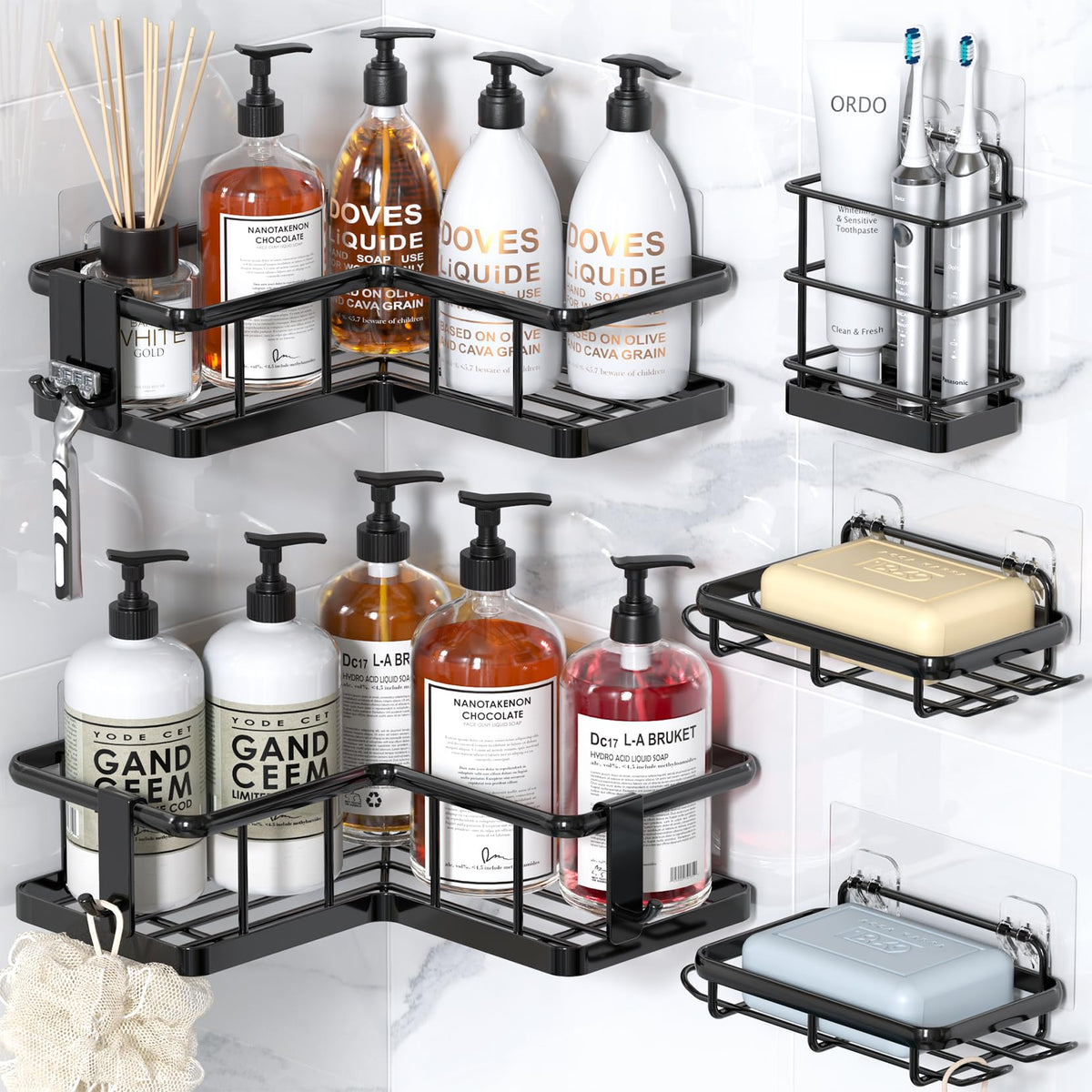 YASONIC Corner Shower Caddy Adhesive, 100% Rustproof Shower Organizer, No Drill Shower Shelf for Inside Shower, Wall-Mounted Shower Storage for Homes (2 Pack, Black)