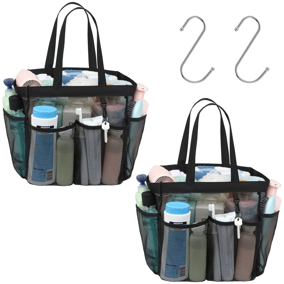 Mesh Shower Caddy Portable - 8 Pockets, S-Hook, Shower Bag for Dorm Camping