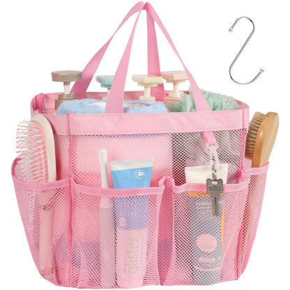 Mesh Shower Caddy Portable - 8 Pockets, S-Hook, Shower Bag for Dorm Camping