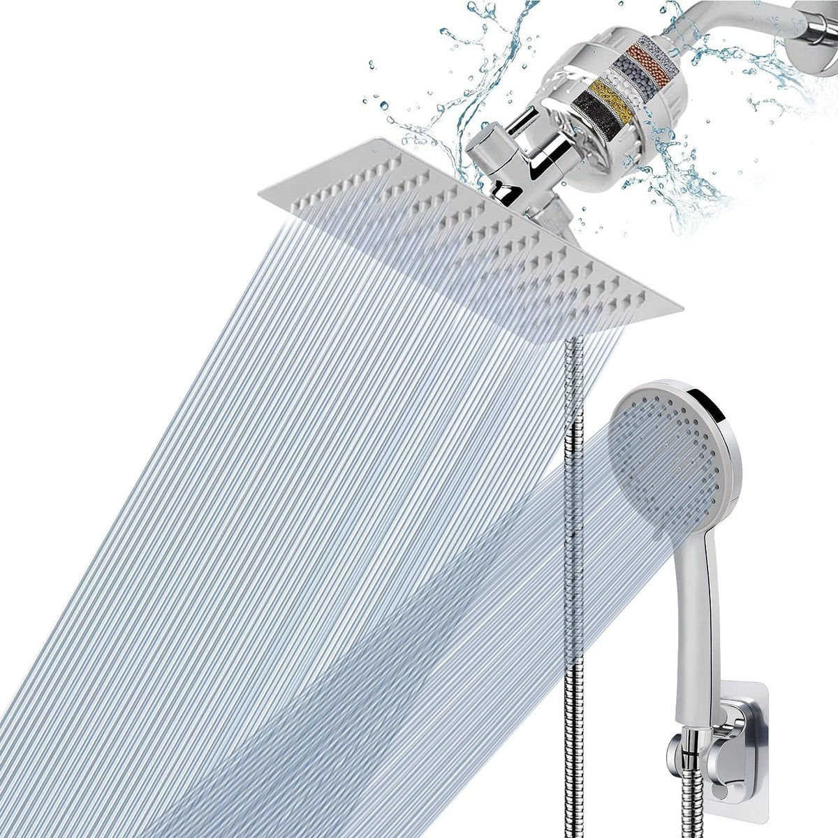 NearMoon Filtered Rain Shower Head, High Pressure 8″Square, and 5 settings Handheld Shower Filter Combo with Self-adhesive Holder/1.5M Hose -1 Replaceable Filter Cartridge (Matte Black)
