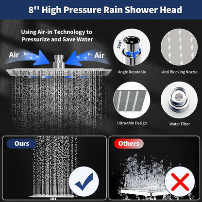 Airlex Shower Head Rain Shower Head with Handheld Spary, High Pressure Rainfall Showerhead and 4 Modes Handheld Shower Heads Built-in Power Wash with 71 Inch Stainless Steel Hose, 8'' Sliver