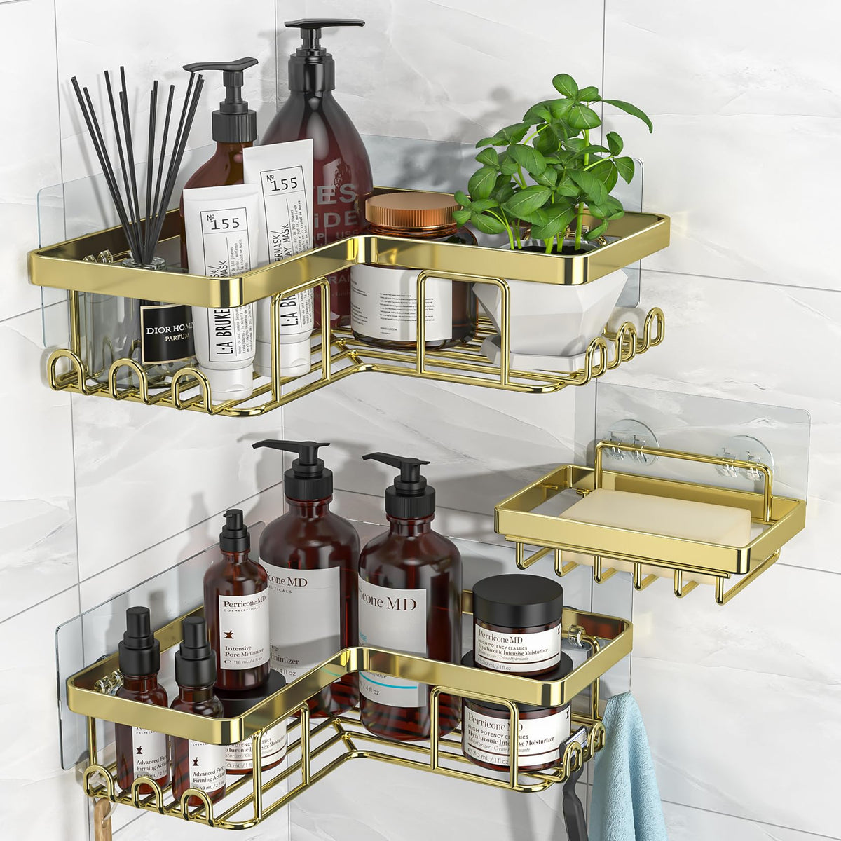 YASONIC Corner Adhesive Shower Caddy, with Soap Holder and 12 Hooks, Rustproof Stainless Steel Bathroom Organizer, No Drilling Wall Mounted Rack, Brushed Silver, 3-Pack