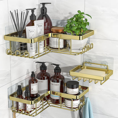 YASONIC Corner Adhesive Shower Caddy, with Soap Holder and 12 Hooks, Rustproof Stainless Steel Bathroom Organizer, No Drilling Wall Mounted Rack, Black, 3-Pack