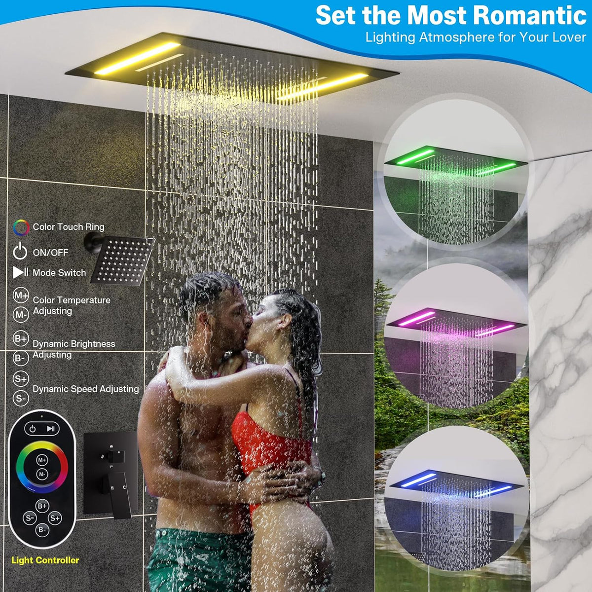ENGA Dual Rain Shower Head System, 2 In 1 Functions Ceiling Mount 14x20inch LED Shower Head with 6 Inch Shower Head, Rainfall Waterfall Shower Faucet Set, Matte Black