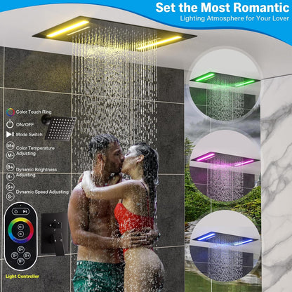 ENGA Dual Rain Shower Head System, 2 In 1 Functions Ceiling Mount 14x20inch LED Shower Head with 6 Inch Shower Head, Rainfall Waterfall Shower Faucet Set, Matte Black