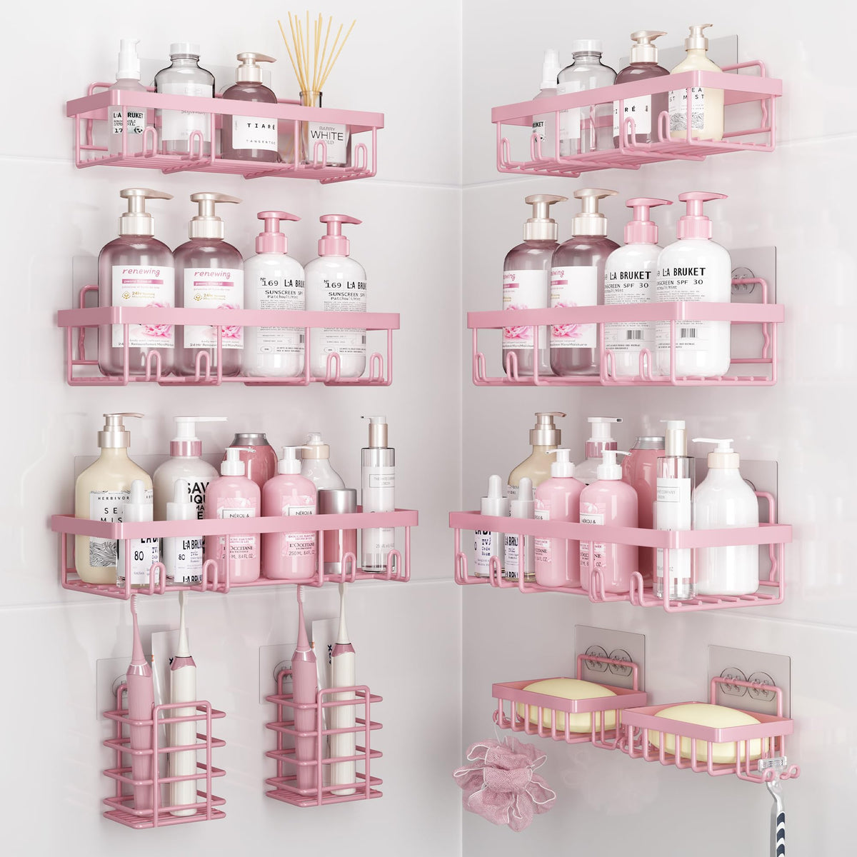 Liuoud 5 Pack Shower Caddy for Inside Shower, Pink Bathroom Decor Set