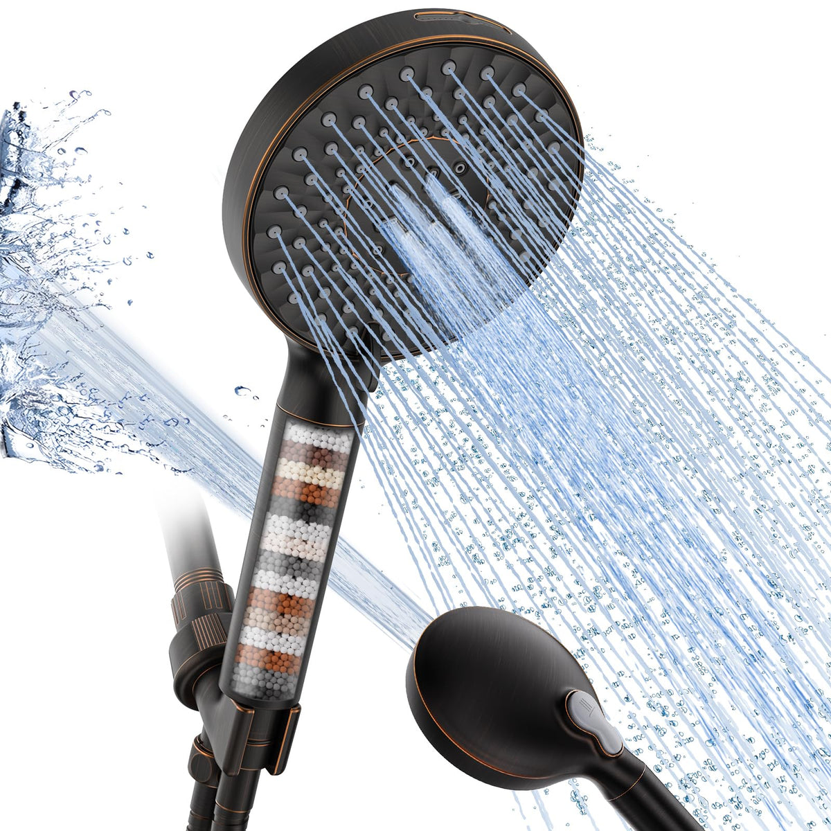 SR SUN RISE Filtered Shower Head with Handheld High Pressure 9 Spray Mode Showerhead Detachable Shower Head Water Softener Filters Beads for Hard Water Remove Chlorine 1 Filter Bright Silver