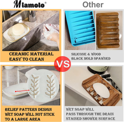 Miamolo Soap Dish Bar Cleaner Dish for Shower, Ceramic Soap Dishes for Large Soap Bar Shampoo or Sponge, Shower Soap Dish Soap Saver Tray for Bathroom Kitchen Sink, Easy to Clean