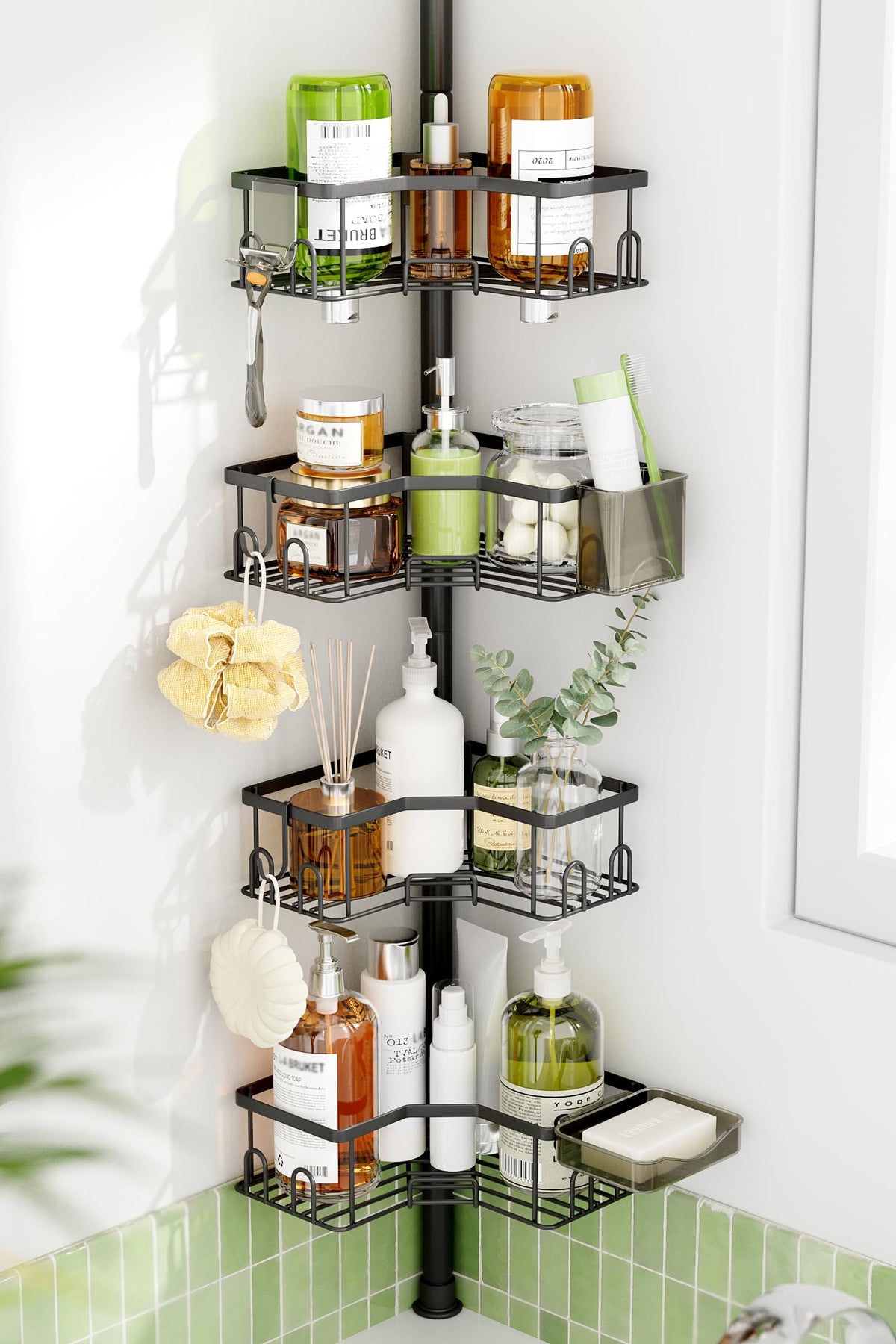 Corner Shower Caddy Tension Pole, 4 Tier Rustproof Shower Tension Rod Organizer, Adjustable 25-125 Inch Bathroom Shower Organizer Shelves for Bathtub Shampoo Storage, Black