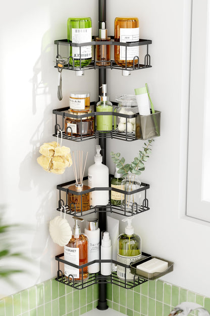 Corner Shower Caddy Tension Pole, 4 Tier Rustproof Shower Tension Rod Organizer, Adjustable 25-125 Inch Bathroom Shower Organizer Shelves for Bathtub Shampoo Storage, Black