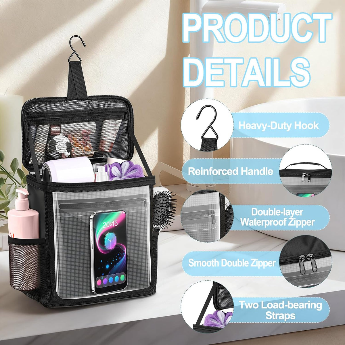 Hanging Shower Caddy Portable, Travel Toiletry Bag for Men & Women, Large Capacity with Hook,Dorm Room Essentials With Waterproof Phone Compartment, for Bathroom, Picnic, Gym, Travel(Black)