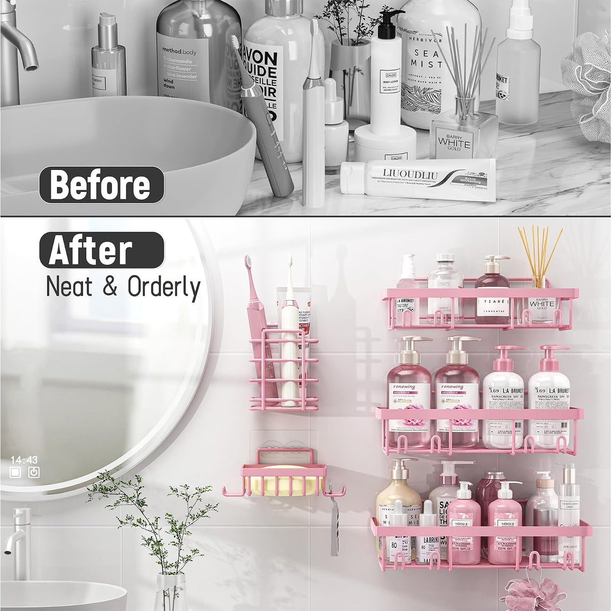 Liuoud 5 Pack Shower Caddy for Inside Shower, Pink Bathroom Decor Set