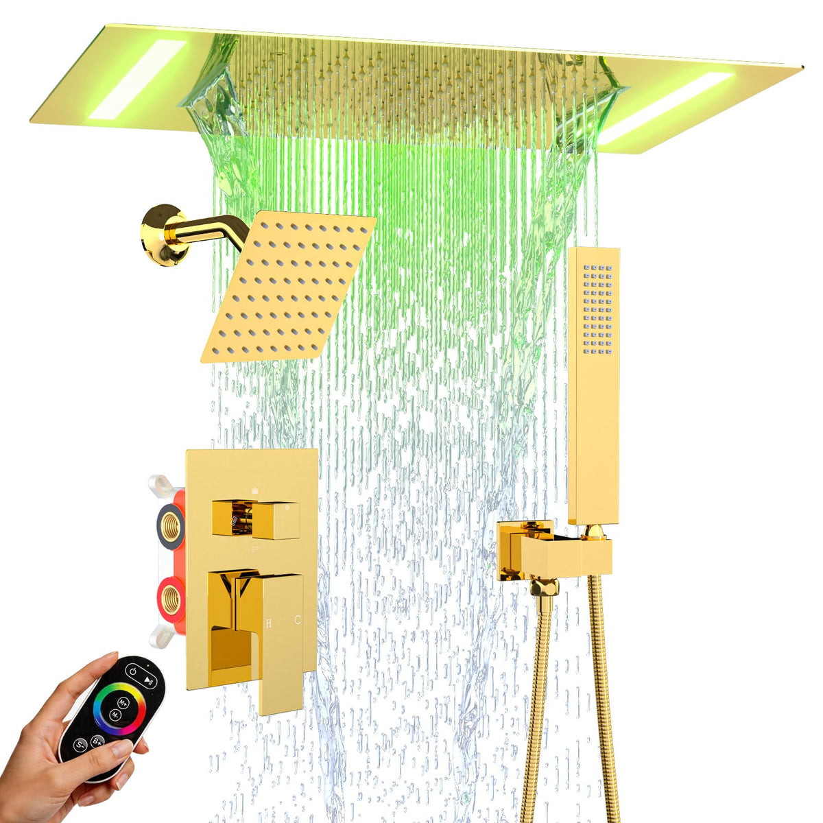 ENGA Dual Rain Shower Head System, 2 In 1 Functions Ceiling Mount 14x20inch LED Shower Head with 6 Inch Shower Head, Rainfall Waterfall Shower Faucet Set, Matte Black
