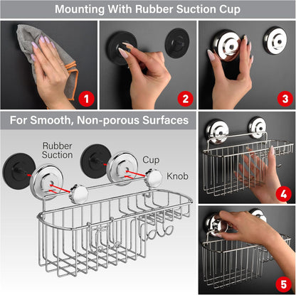 HASKO Suction Cup Shower Caddy Basket for Shampoo, Shower Suction Shelf Organizer, Basket with Soap Holder and Hooks, Stainless Steel Shampoo Holder for Bathroom Storage, Chrome