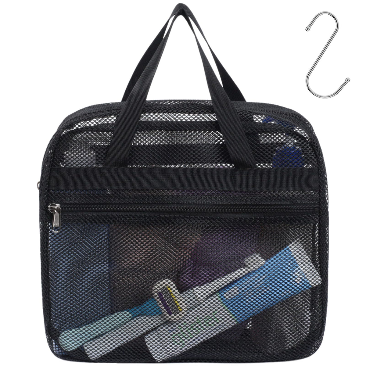 Mesh Shower Caddy Portable - 8 Pockets, S-Hook, Shower Bag for Dorm Camping