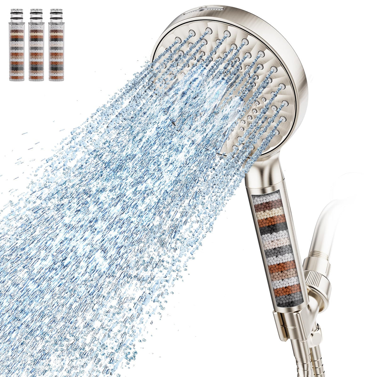 SR SUN RISE Filtered Shower Head with Handheld High Pressure 9 Spray Mode Showerhead Detachable Shower Head Water Softener Filters Beads for Hard Water Remove Chlorine 1 Filter Bright Silver