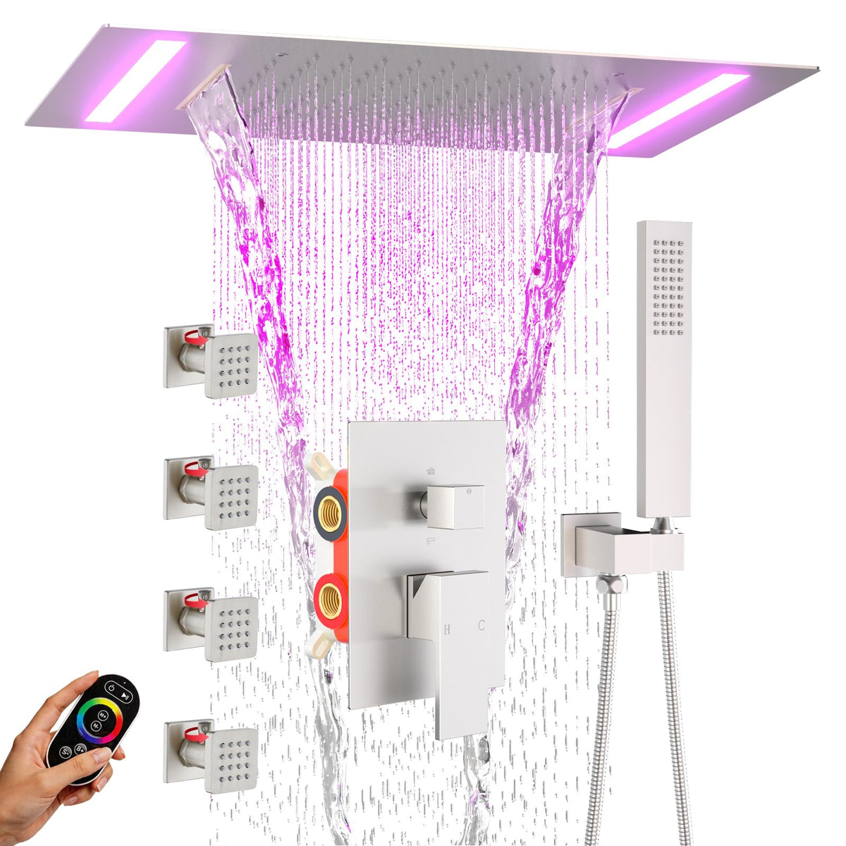 ENGA Dual Rain Shower Head System, 2 In 1 Functions Ceiling Mount 14x20inch LED Shower Head with 6 Inch Shower Head, Rainfall Waterfall Shower Faucet Set, Matte Black