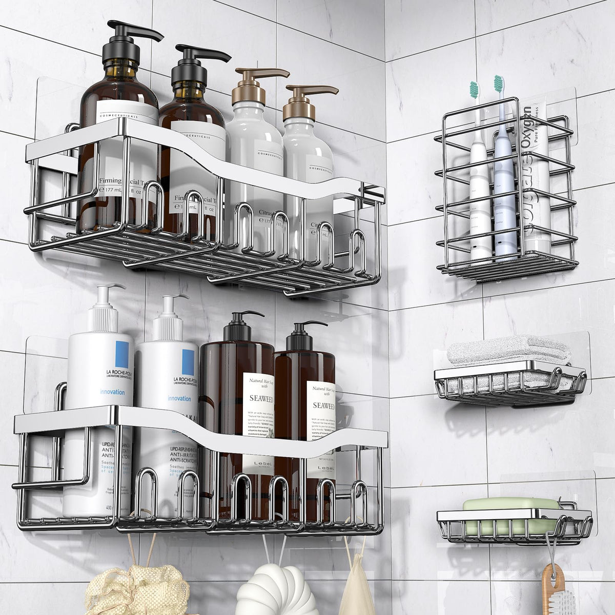 EUDELE Adhesive Shower Caddy, 5 Pack Rustproof Stainless Steel Bath Organizers With Large Capacity, No Drilling Shelves for Bathroom Storage & Home Decor