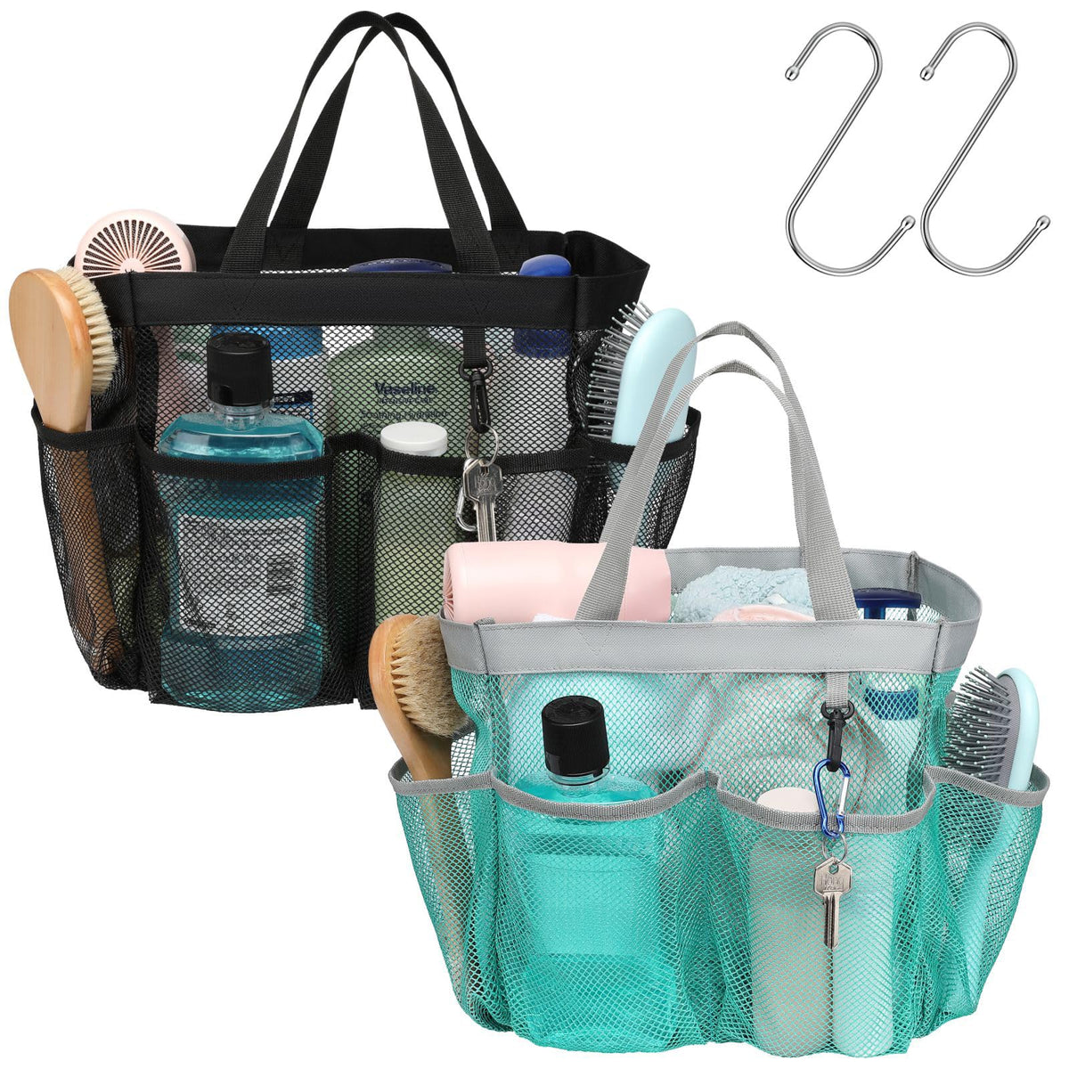 Mesh Shower Caddy Portable - 8 Pockets, S-Hook, Shower Bag for Dorm Camping