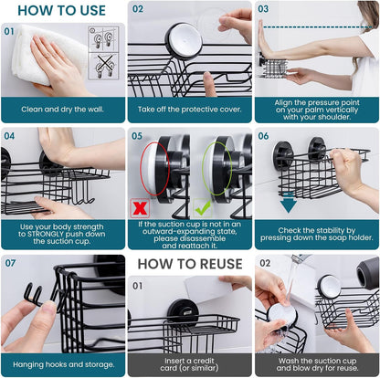 TAILI Shower Caddy Suction Cup 2 Pack with Hooks & Soap holder, Black