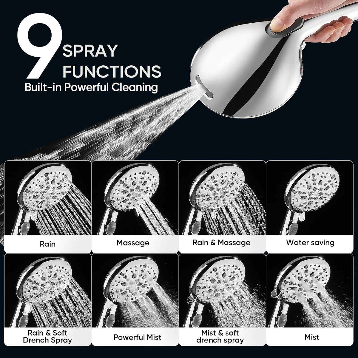 Cobbe 9 Spray Modes Handheld Shower Head, Water-Saving, Chrome