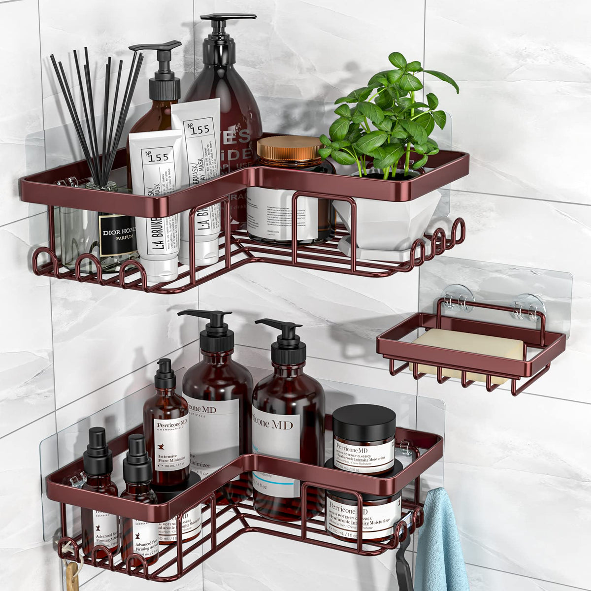 YASONIC Corner Adhesive Shower Caddy, with Soap Holder and 12 Hooks, Rustproof Stainless Steel Bathroom Organizer, No Drilling Wall Mounted Rack, Brushed Silver, 3-Pack