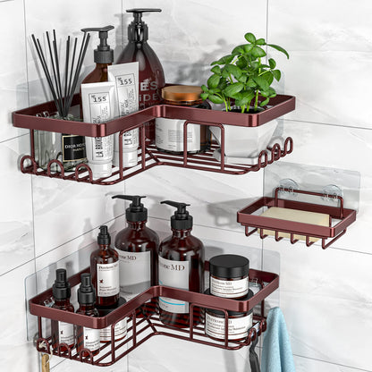 YASONIC Corner Adhesive Shower Caddy, with Soap Holder and 12 Hooks, Rustproof Stainless Steel Bathroom Organizer, No Drilling Wall Mounted Rack, Brushed Silver, 3-Pack