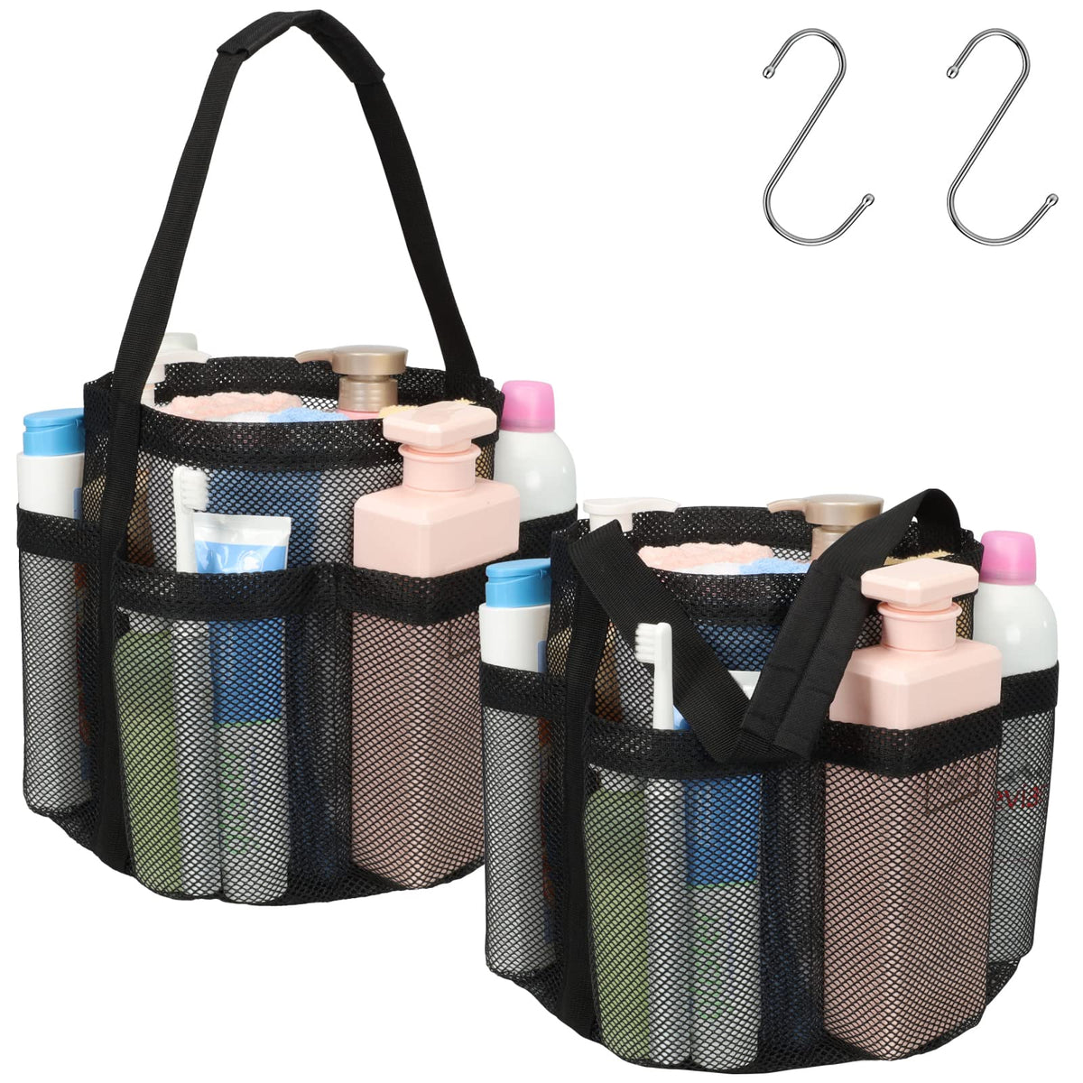 Mesh Shower Caddy Portable - 8 Pockets, S-Hook, Shower Bag for Dorm Camping