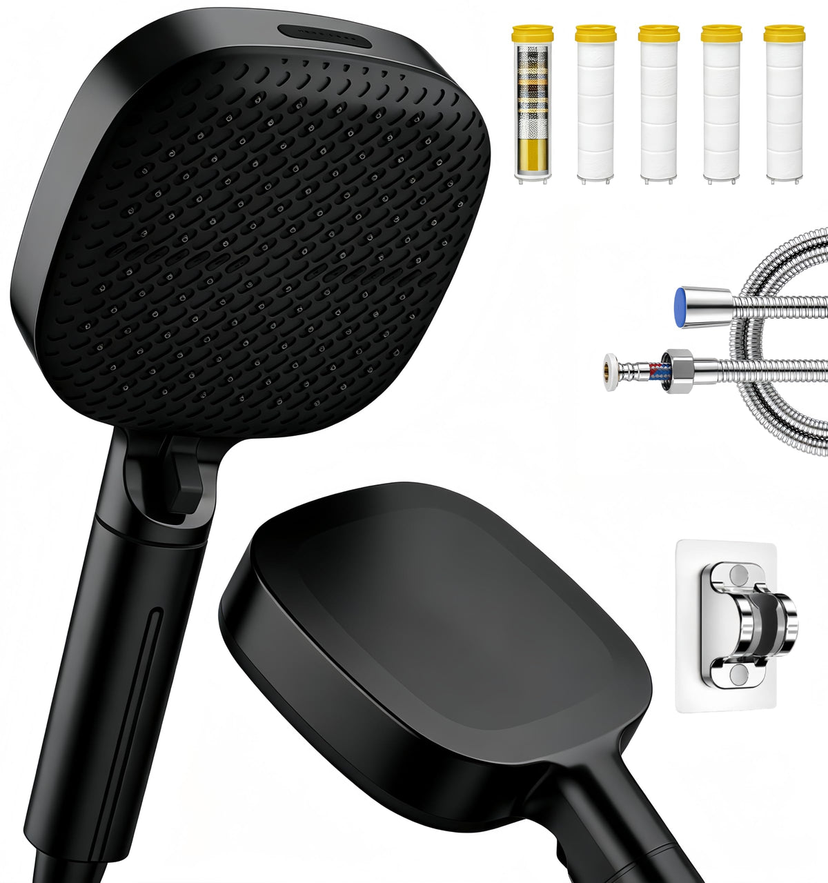 Ion Shower Head, Shower Head High Pressure with Handheld & 5 Filters, 4 Modes & Pause Switch, Showerhead Set with 59" Explosion-Proof Hose & Dual Brackets for Hard Water & Pets, Gray