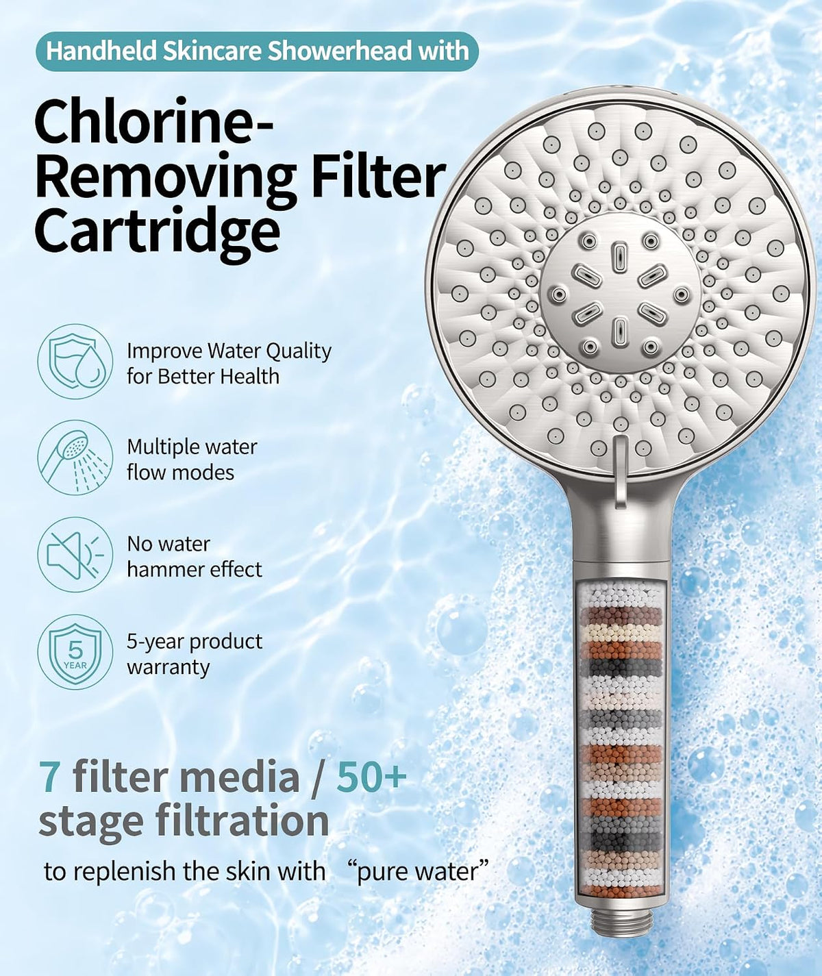 SR SUN RISE Filtered Shower Head with Handheld High Pressure 9 Spray Mode Showerhead Detachable Shower Head Water Softener Filters Beads for Hard Water Remove Chlorine 1 Filter Light Champagne