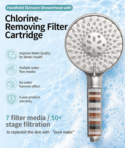 SR SUN RISE Filtered Shower Head with Handheld High Pressure 9 Spray Mode Showerhead Detachable Shower Head Water Softener Filters Beads for Hard Water Remove Chlorine 1 Filter Light Champagne
