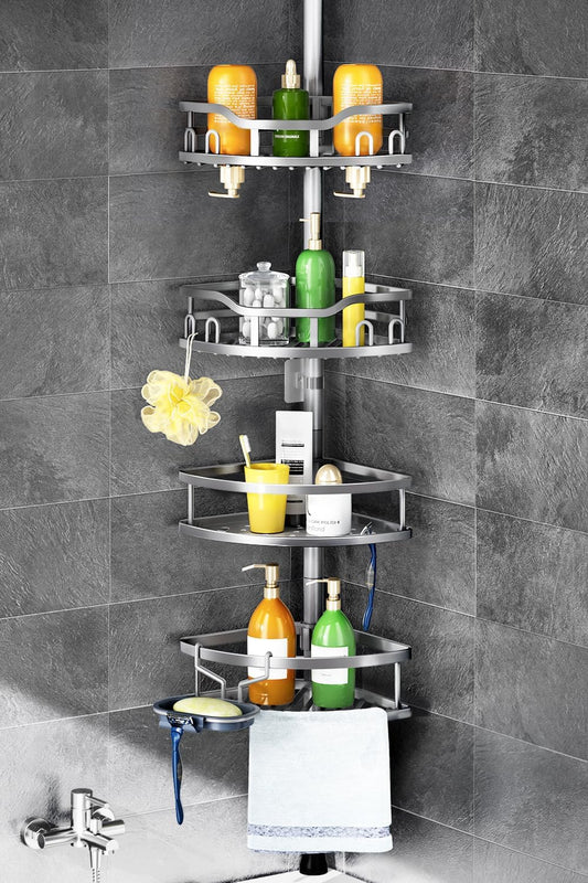 HAMITOR Corner Shower Caddy Tension Pole: Rustproof Stable 4-Tier Bathroom Organizer Shelves for Bathtub Shampoo Storage - 47-121 Inch Quick Install Adjustable Shelf with Soap Rack - Silver Gray