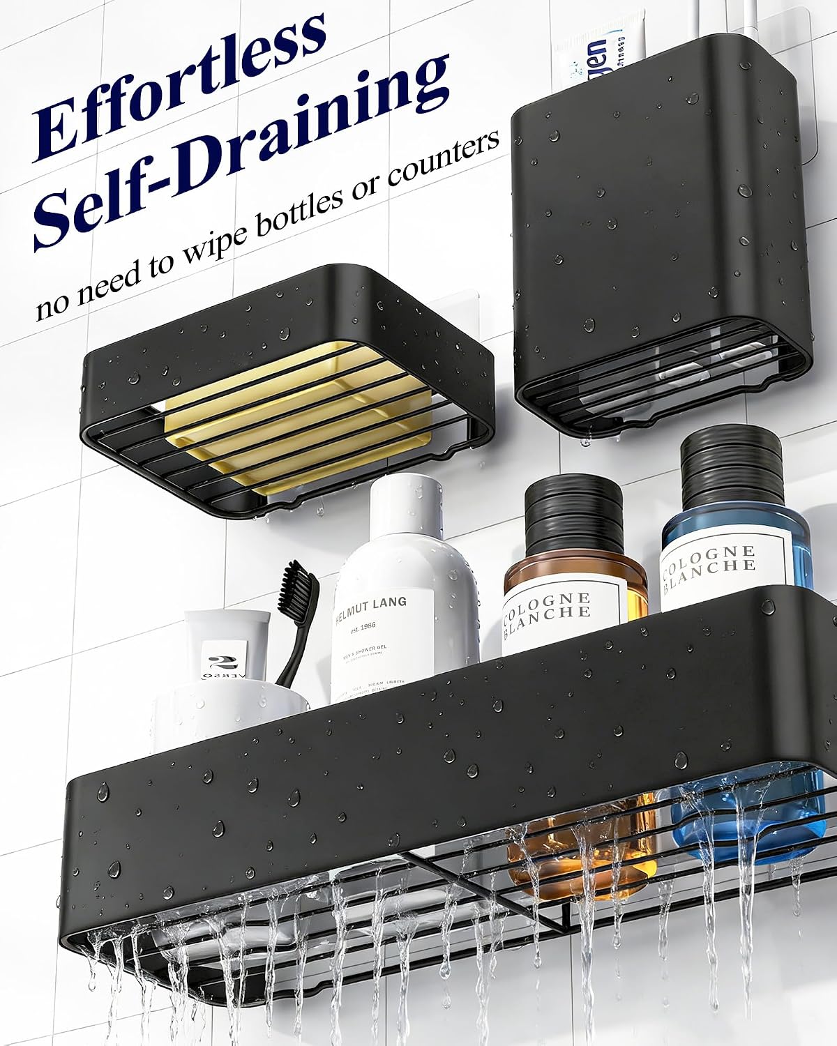 Kitsure Large Shower Caddy - Adhesive 6-Pack Bathroom Shelves, Black