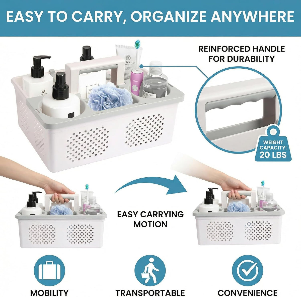 KMV Dorm Room Portable Shower Caddy with Adjustable Compartments - Ventilated Drainage Design with Handles, Perfect Toiletries Organizer for College Dorms-white