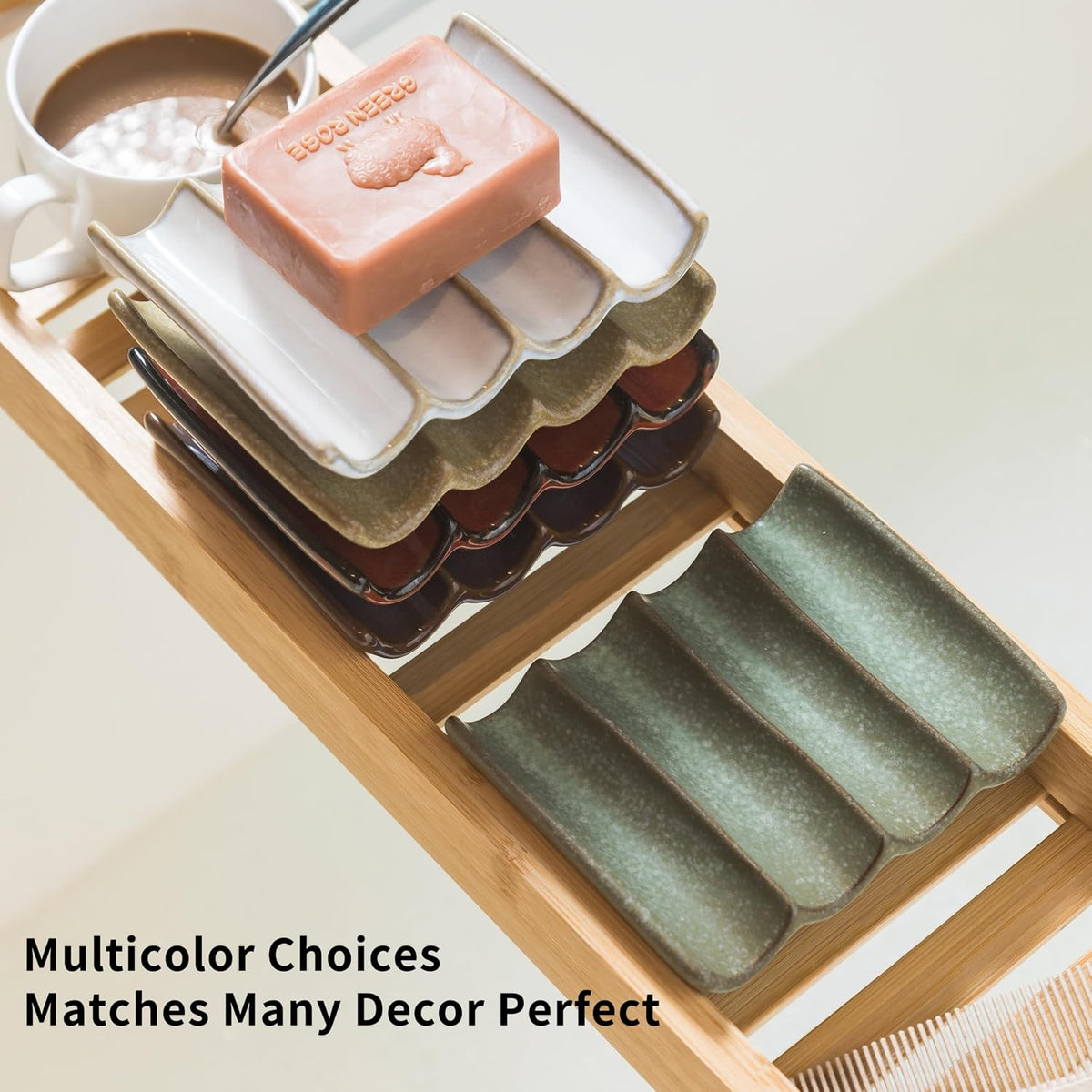 Draining Ceramic Soap Dish - Fluted Design, Bar Soap Holder for Shower & Bathroom, Soap Saver Sponge Lift, Green