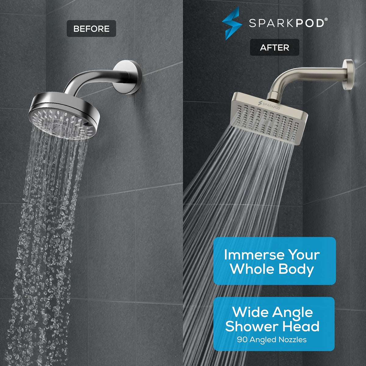 SparkPod Rain Shower Head, 8 Inch Square, Elegant Brushed Nickel Finish