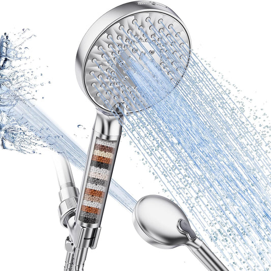 SR SUN RISE Filtered Shower Head with Handheld High Pressure 9 Spray Mode Showerhead Detachable Shower Head Water Softener Filters Beads for Hard Water Remove Chlorine 1 Filter Bright Silver