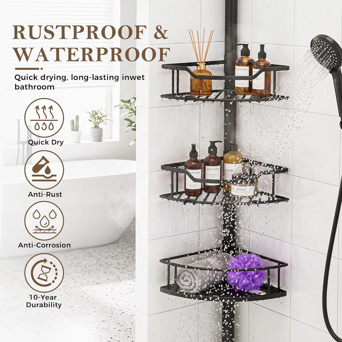 Corner Shower Caddy Tension Pole, Bathroom Organizer for Renters