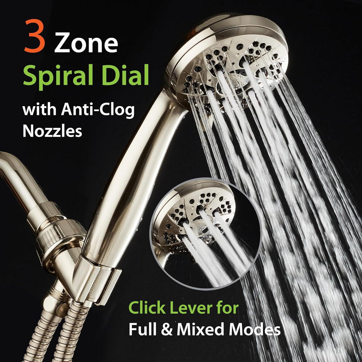 AquaDance High Pressure 6-Setting Full Brushed Nickel Handheld Shower Head with Stainless Steel Hose. Officially Independently Tested to Meet Strict US Quality & Performance Standards!