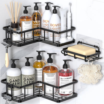 YASONIC Corner Shower Caddy Adhesive, 100% Rustproof Shower Organizer, No Drill Shower Shelf for Inside Shower, Wall-Mounted Shower Storage for Homes (2 Pack, Black)