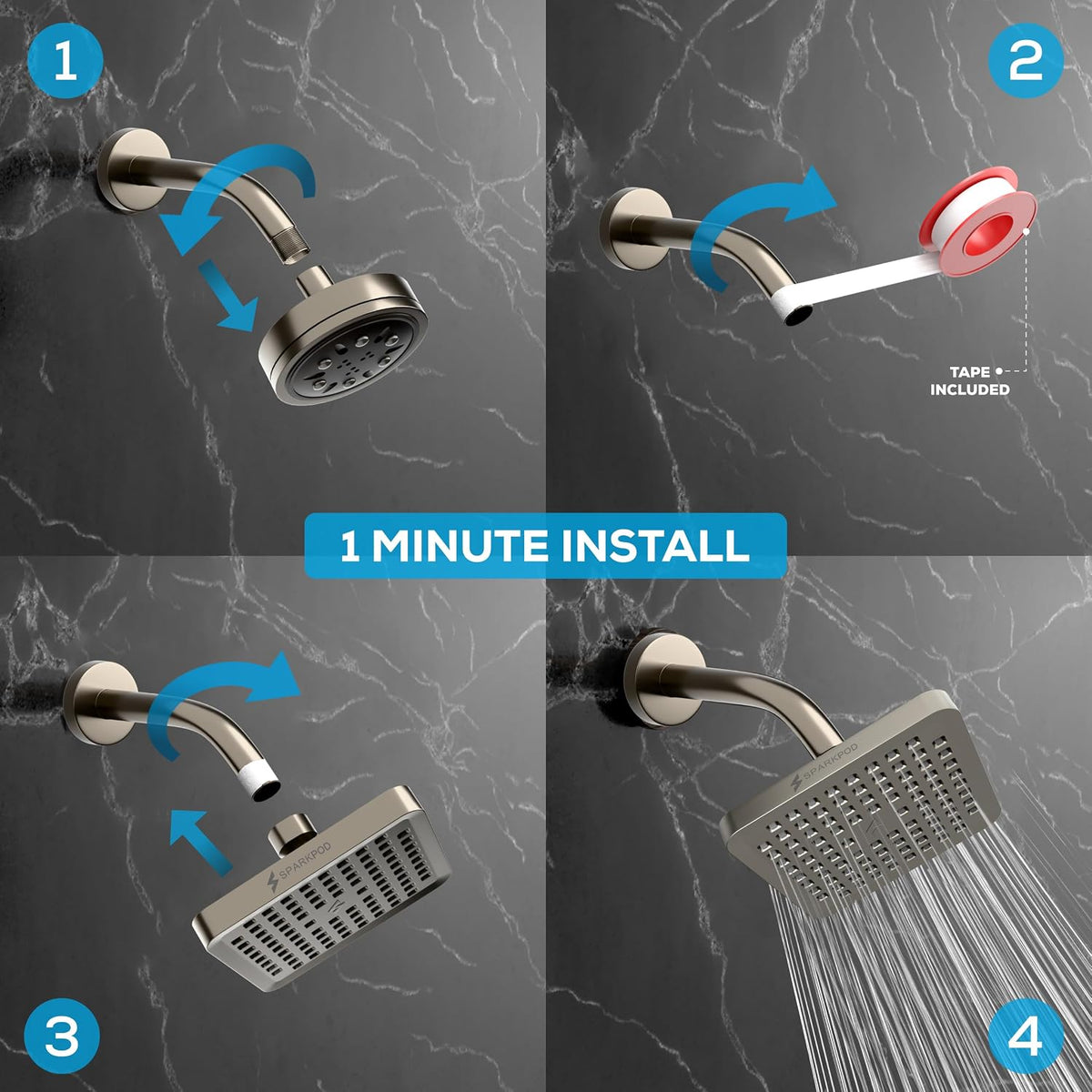 SparkPod Rain Shower Head, 8 Inch Square, Elegant Brushed Nickel Finish