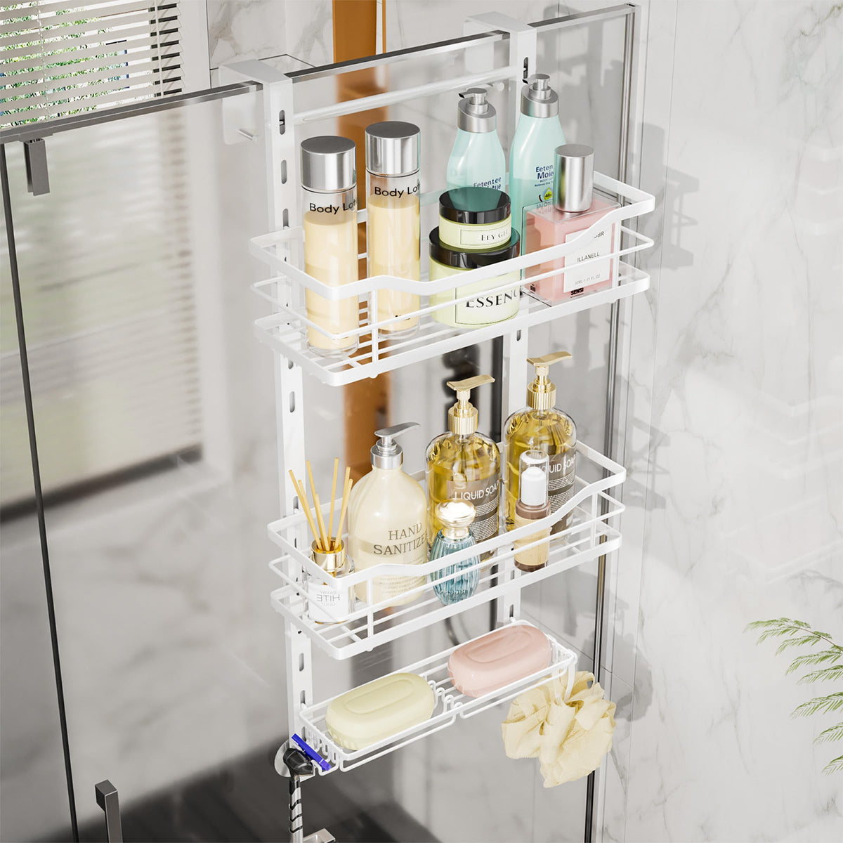 SWTYMIKI Over the Door Shower Caddy - 3 Tier Adjustable Shower Organizer Hanging with Soap Holder, No Drilling Stainless Steel Bathroom Rack Hanging for Body Wash, Shampoo, Soap, Razor, Black