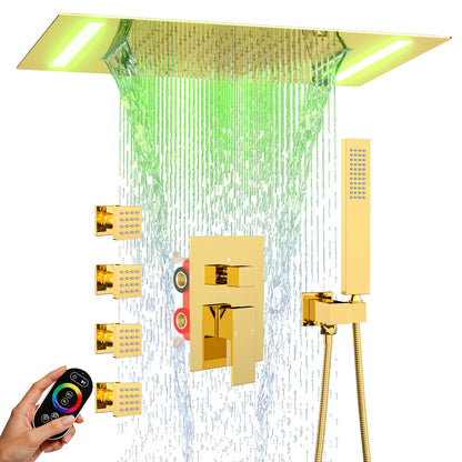 ENGA Dual Rain Shower Head System, 2 In 1 Functions Ceiling Mount 14x20inch LED Shower Head with 6 Inch Shower Head, Rainfall Waterfall Shower Faucet Set, Matte Black