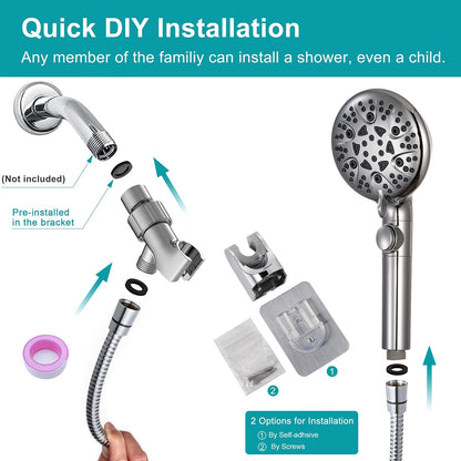GwernKB Handheld Shower Head with On Off Switch 8-Mode High Pressure Showerhead with 79 Inches Extra-long Stainless Steel Hose and Bracket PLUS Extra Low-Reach Adhesive Wall Mount for Kids,Silver…