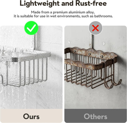 Shower Caddy Hanging, Never Rust Shower Organizer Hanging, Aluminum Shower Racks for Inside Shower with Hooks for Razor, Bathroom Organizers and Storage with Soap Holder, Bright Silver