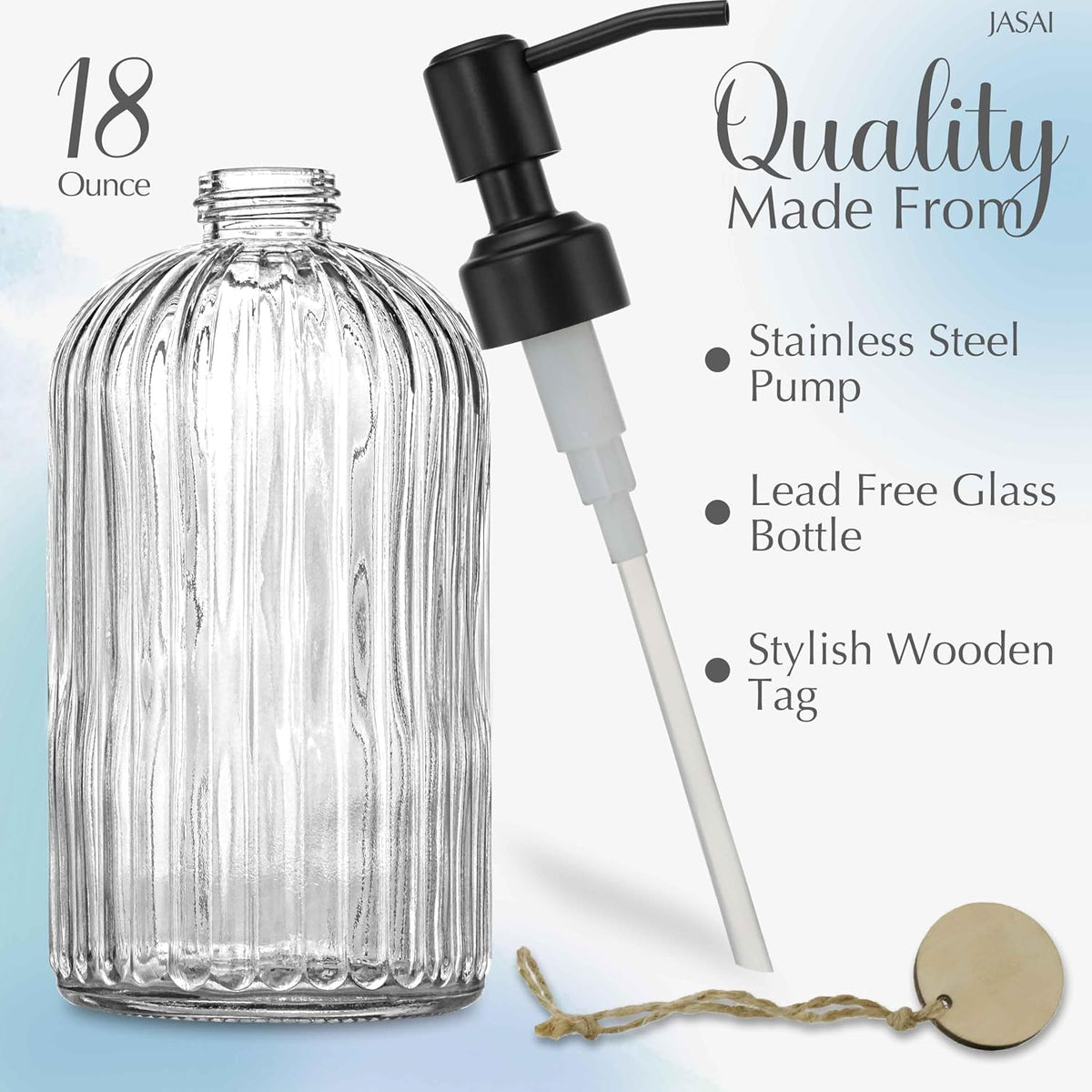 JASAI 18Oz Simple Glass Soap Dispenser with Black Rust Proof Pump.