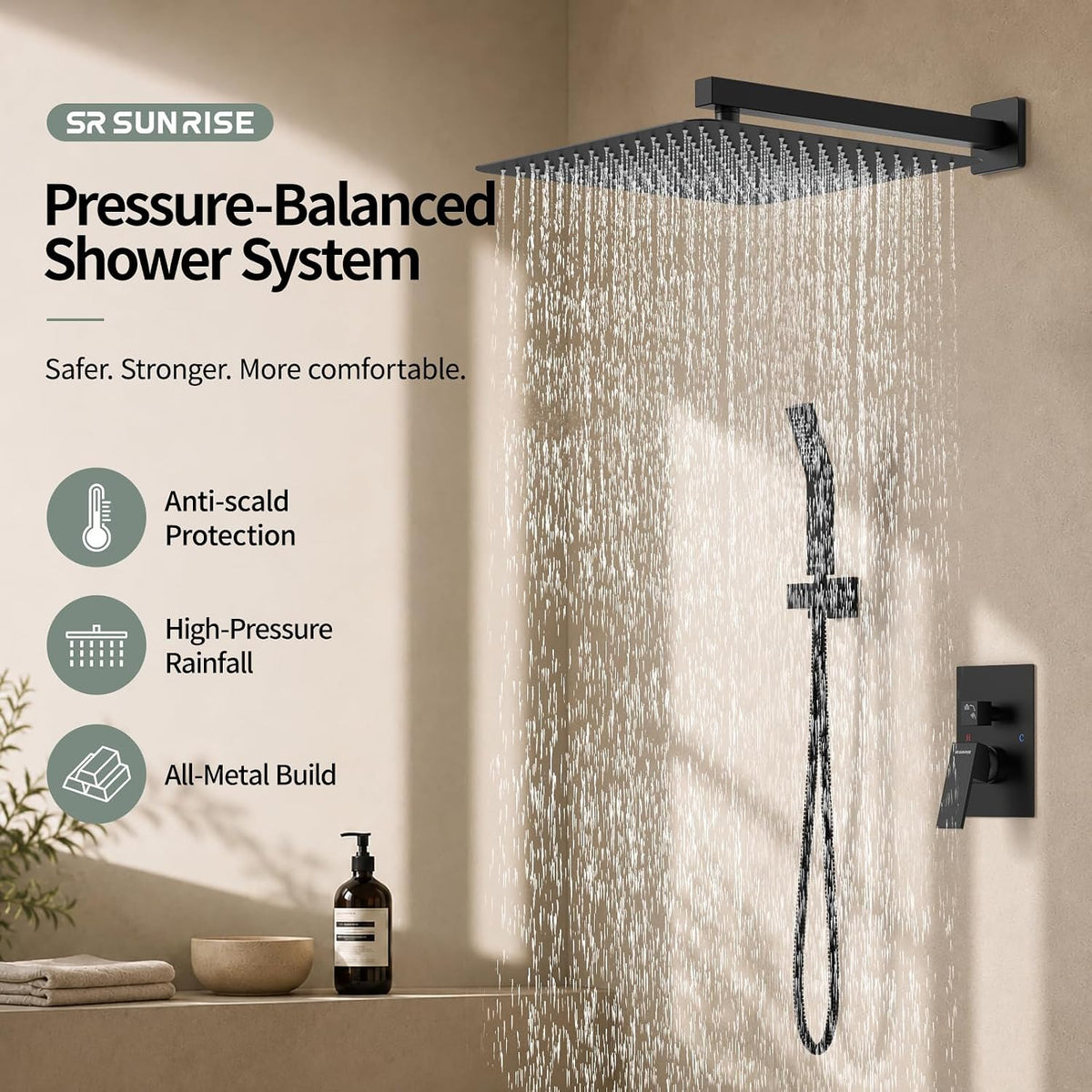 SR SUN RISE Shower Faucet Set 16-Inch Rainfall Shower Head Matte Black