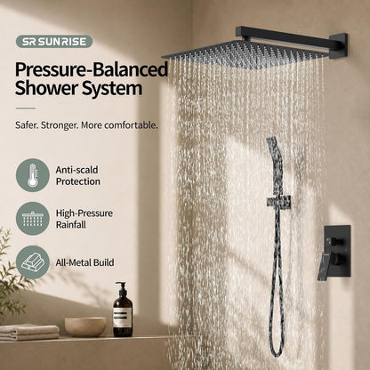 SR SUN RISE Shower Faucet Set 16-Inch Rainfall Shower Head Matte Black