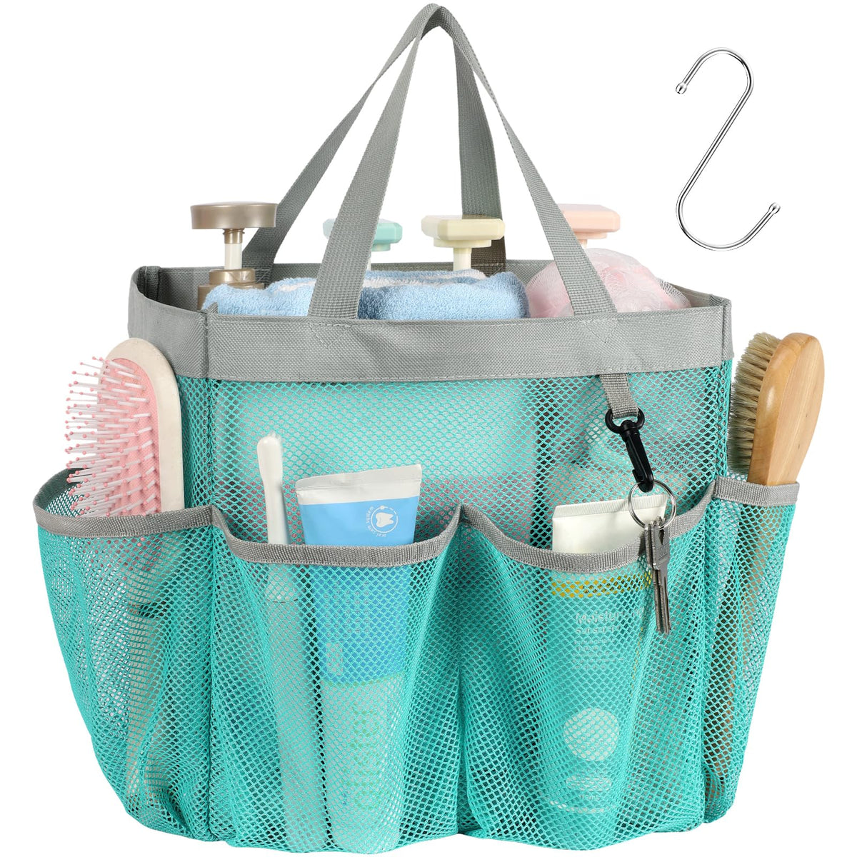Mesh Shower Caddy Portable - 8 Pockets, S-Hook, Shower Bag for Dorm Camping